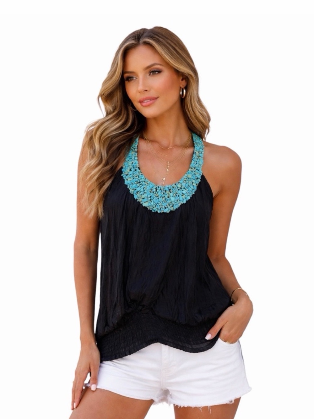 bebe Black Tank with Turquoise Beaded Neckline